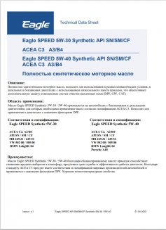 EAGLE SPEED SYNTHETIC 5W40 API SN/SM/CF, C3 4л Масло моторное EKO00000052