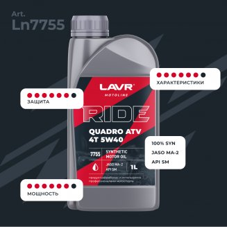 LAVR 7755 MOTO RIDE QUADRO 4T 5W-40 API SM JASO MA-2 1л Масло моторное